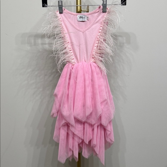 LOLA AND THE BOYS Size 6 Feather Sleeve Tired Tulle Dress Bubble Gum Pink - Picture 5 of 10